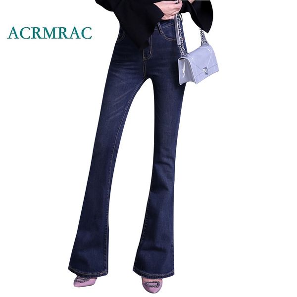 

acrmrac women's jeans 2018 spring and autumn slim solid color blue middle waist panelled skinny flare pants full length jeans