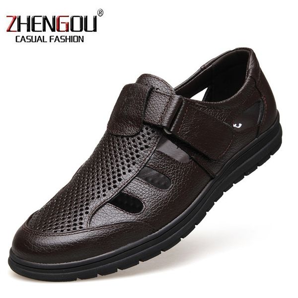 

zhengou summer leather sandals men's leather anti-slippery soft base breathable men's middle-aged sandals hollow 5106 rubber, Black