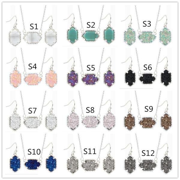 

15colors drusy druzy earrings necklace jewelry set silver gold plated geometry stone earrings necklaces for women