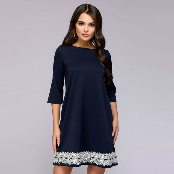 

women casual lace patchwork party dress three quarter sleeve o-neck a-line elegant lace dress 2018 autumn fashion women, White;black