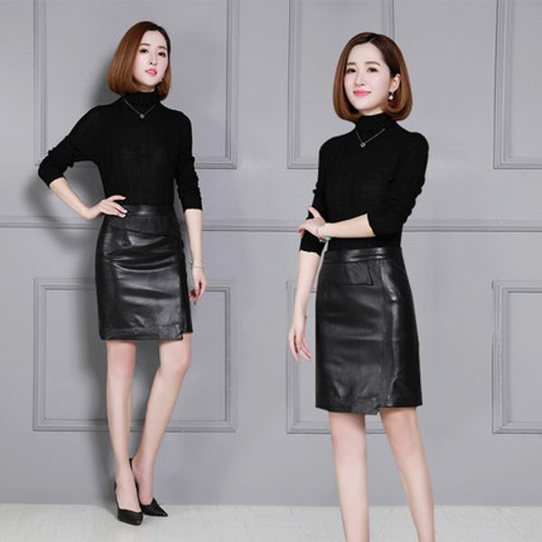 

2018 new fashion genuine sheep leather skirt k38, Black