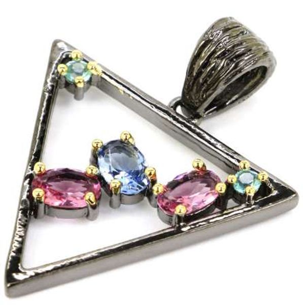 

charm pink tourmaline, violet tanzanite, blue z black gold 925 silver triangle pendant 34x23mm, Bronze;silver