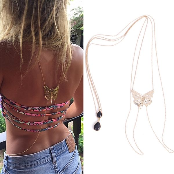 

gold butterfly bikini crossover waist belly black harness body chain necklace fashion jewelry, Slivery;golden