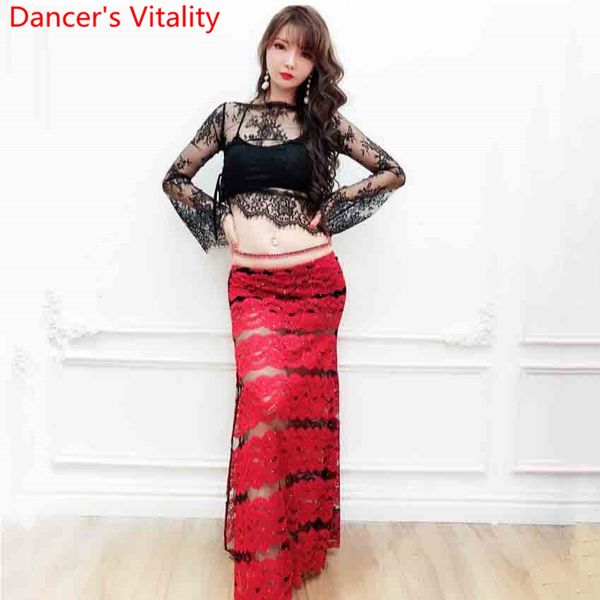 

newly designed belly dance costume perspective lace top sequin skirt oriental dance clothes women lady girls belly outfit, Black;red