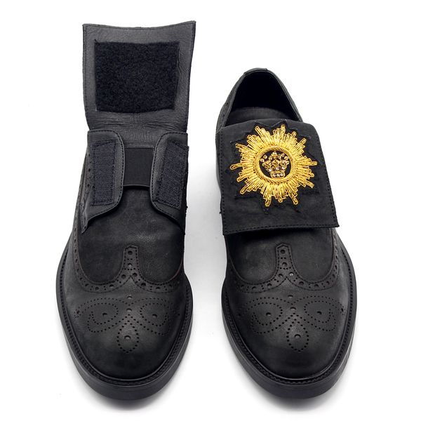 

gold rhinestone suede oil wax leather brogue carved men's shoe flat heel slip on spring summer goodyear cow men derby shoes, Black