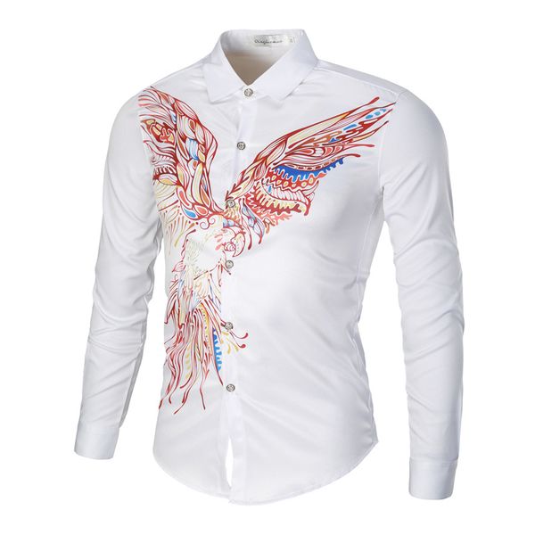 

2018 new fall mens long sleeve eagle bird print casual shirts single breasted fashion urban clothing, White;black