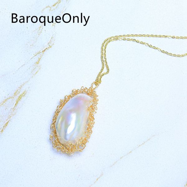 

baroqueonly handmade bending string wired pendant 17-30mm freshwater baroque irregular pearl necklace pendant, Silver