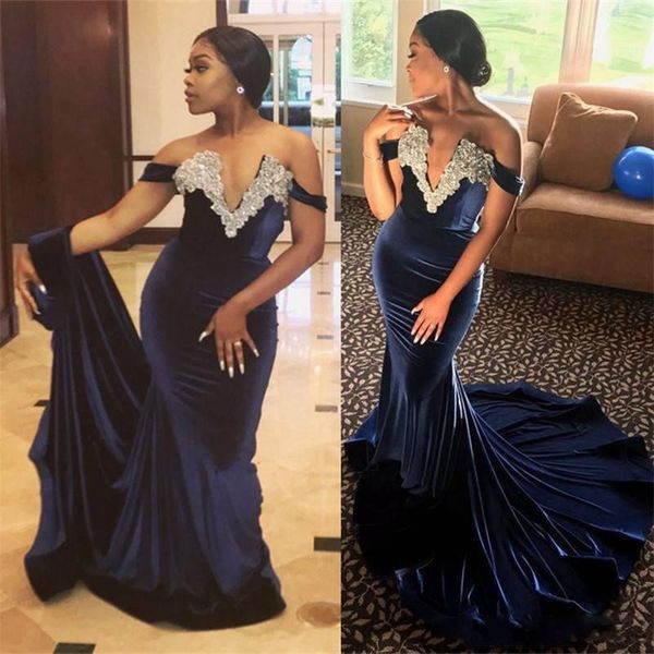 

v neck crystals mermaid prom dresses off shoulders plunging v-neck vestidos de fiesta arabic evening party gowns velvet, Black