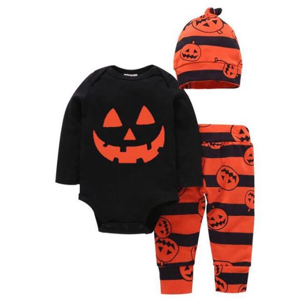 

2018 newborn babys boy girl clothes autumn halloween babys clothes kid suit long sleeved romper+ pant + hat kids clothing ing, White