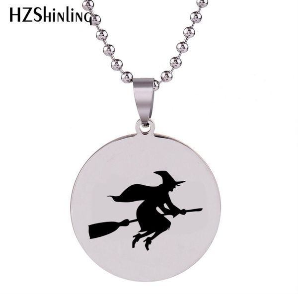 

new witch on a broom pendant round hand craft stainless steel necklace silver art jewelry ball chain gifts for men