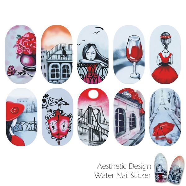 

1 sheet aesthetic nail sticker water transfer red romantic designs cartoon girl full cover charming tips diy decor sastz511-512, Black