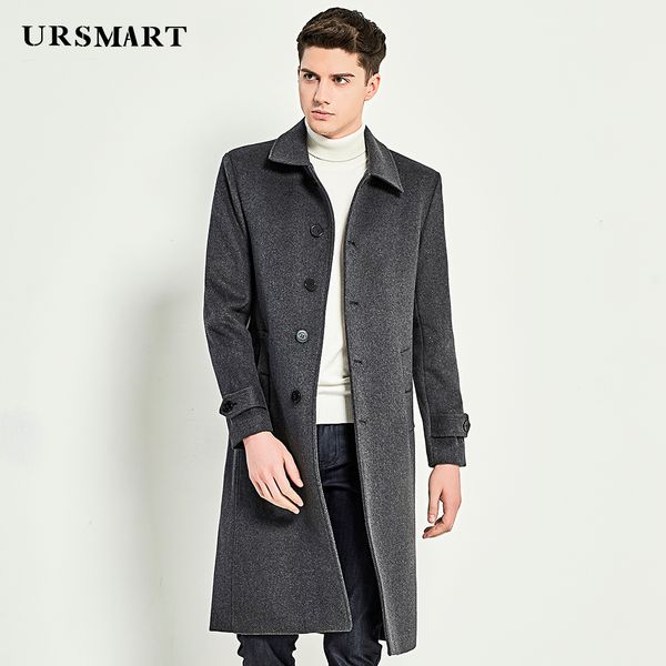 

ursmart long dark grey men's coat, single row buttoned wool coat, men's british fashion slim coat, Black