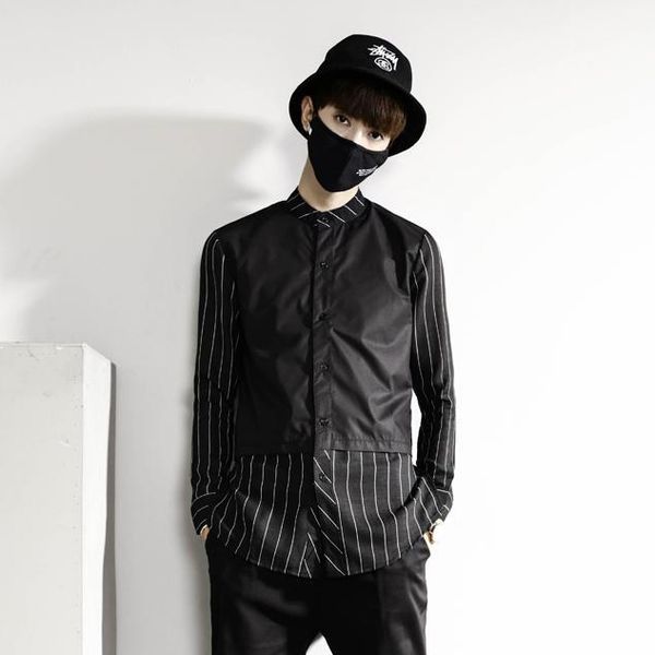

2018 new korean version of the trend of men's stripe personality shirt nightclub men's fashion shirt singer costumes, White;black