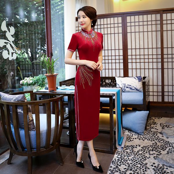 

red velvet fashion traditional chinese dress womens china style evening dresses woman wedding cheongsam modern qipao long formal