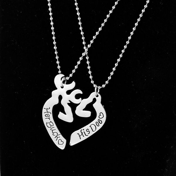 

New her buck&his doe Pendant Necklaces Broken Heart Splicing Elk Antlers Deer Couple Lover Necklaces Christmas Gift free shipping, Silver