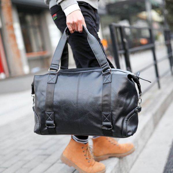

black leather mens travel bags large capacity waterproof duffle bag business travel luggage shoulder bag
