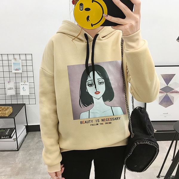 

women hoodies solid slim velvet thick hooded print ladies sweatershirt 2018 korea style long sleeve plus size, Black