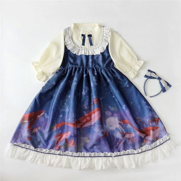 

vintage chinese style short sleeve dress jellyfish and stars printed lolita dress, White;black