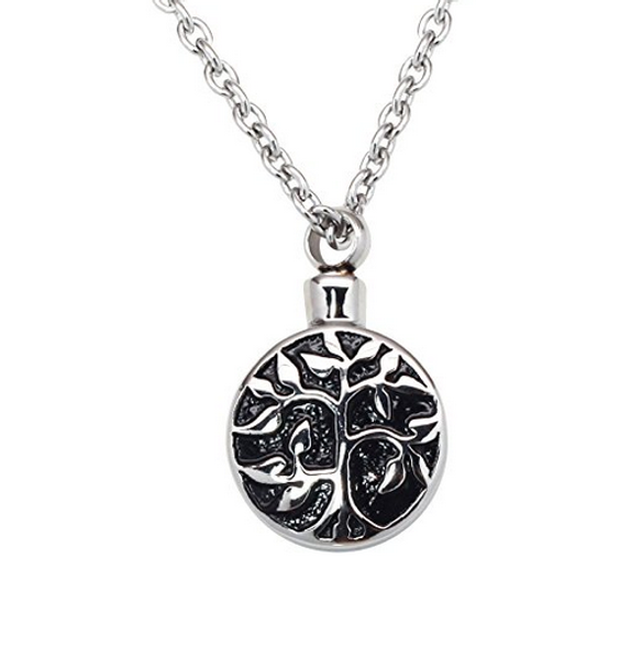 

wholesale custom stainless steel round life tree urn necklace can open perfume bottle funeral cremation ashes jewelry pendant, Silver