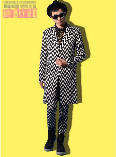 

man han edition of the new boutique personality anchor bar singer stage costumes dance suit long black and white stripes coat m - 2 xl, Black;red