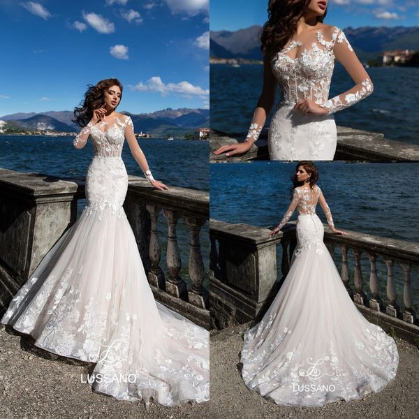 

elegant sheer long sleeve mermaid wedding dresses 2023 vintage lace mermaid vestido de novia court train summer beach bridal gowns, White