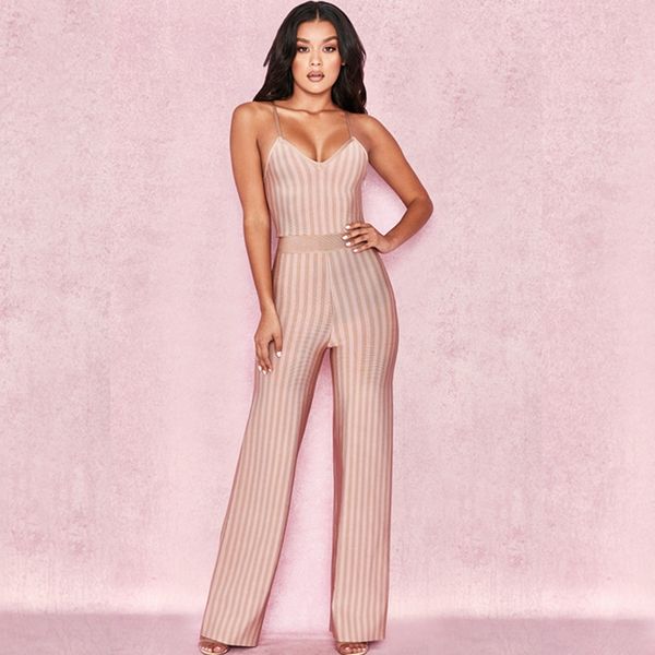 

2018 elegant fashion women beige striped spaghetti strap bandage jumpsuit summer celebrity party jumpsuits wholesale festa, Black;white