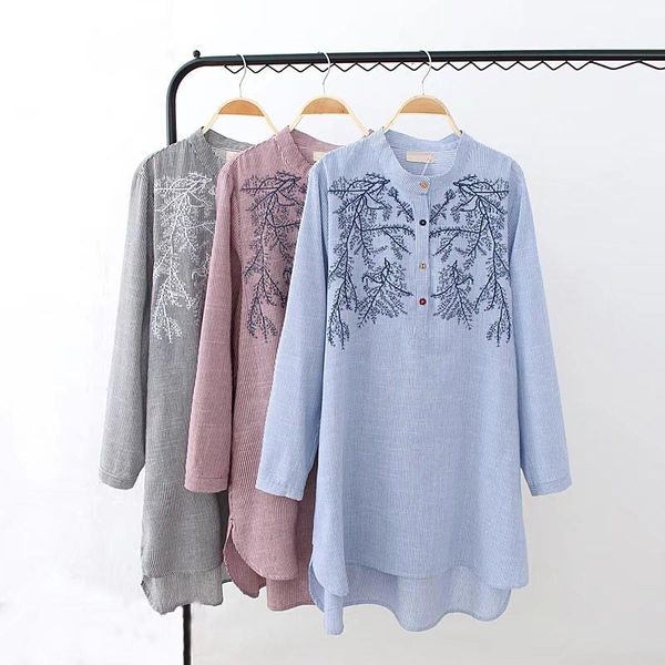 

d1 autumn casual long shirt 4xl plus size women's clothing fashion cotton loose embroidered vertical stripes blouses 7025, White