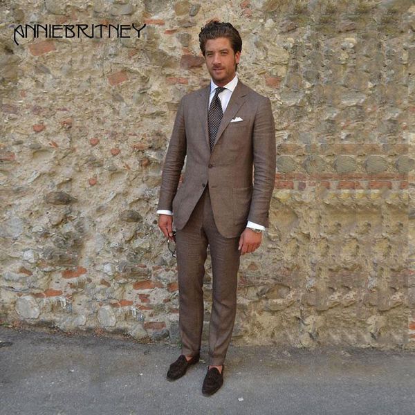 

summer beach brown linen men suits for wedding 2018 2 pieces slim fit groom tuxedos handsome men blazer casual jacket+pants, White;black