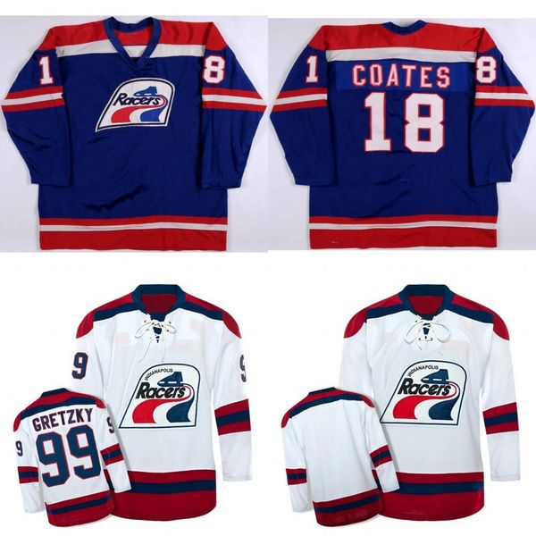 

Indianapolis Racers 99 Wayne Gretzky 18 Brian Coates Hockey Jerseys Movie Jersey Blue White Free Shipping