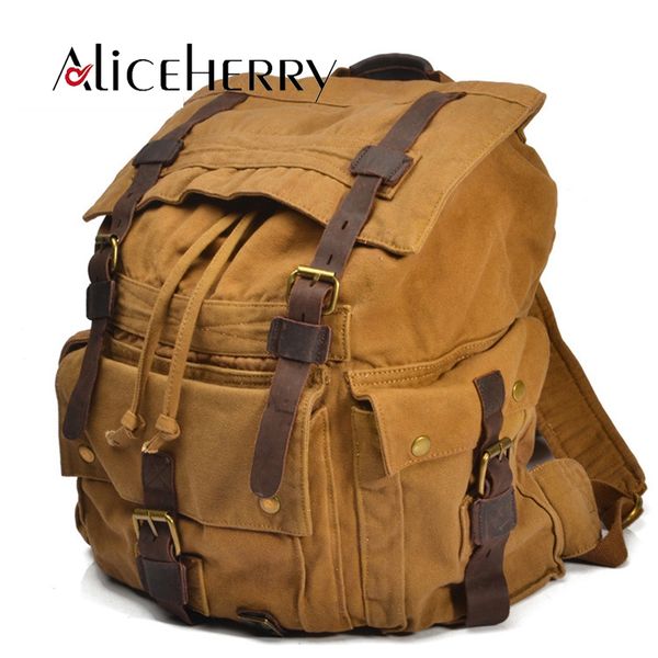

vintage fashion male casual leather canvas backpack vintage large capacity shoulder bag bags for men women