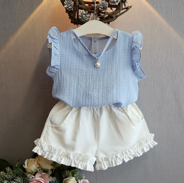 

2018 summer baby girls sets fashion chiffon short sleeve t shirt white short pants 2pcs outfits children clothes suit 2 colors