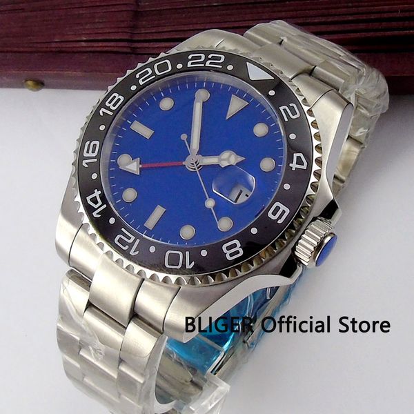 

fashion bliger 40mm blue sterile dial black ceramic bezel gmt function sapphire crystal automatic movement men's watch b310, Slivery;brown