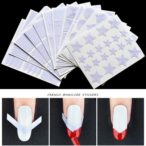 

12pcs french nail tips stickers diy nails form fringe guides star heart wave liner hollow 3d creative nail art decorations tools, Black