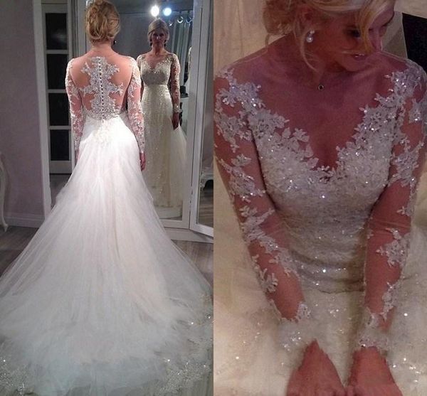 

2019 sparkly beads sheer wedding dresses with detachable train long sleeve mermaid lace bridal gowns applique tulle vestido de noiva w1021, White