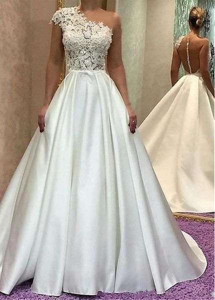 

2018 Sexy Illusion Back Lace Capped Sleeves Wedding Dresses A Line Satin Long Bridal Gowns One Shoulder Wedding Bridal Gowns Party Wear