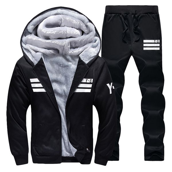 

winter hoodies men 2018 casual hooded warm sweatshirts male fur inside thick tracksuit 2pc jacket+pant men moleton masculino, Black