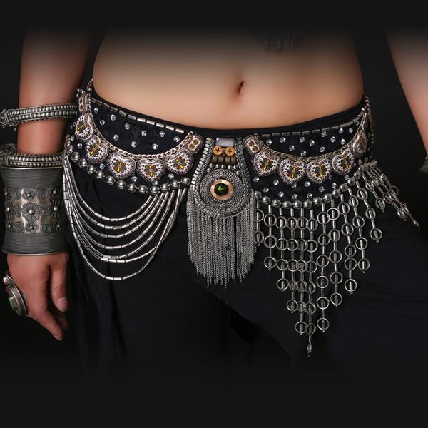 

professional belly dance tribal waist belt 80/90cm adjustable fit antique bronze beads metal chain belt for tribal belly dance, Black;red