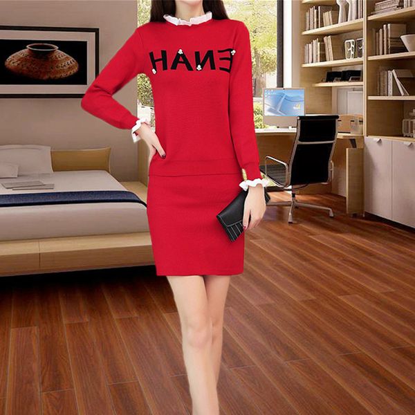 

beading letter print autumn brand women knitting sets lady office pullovers and high waist skirt elegant 2 pieces set, White