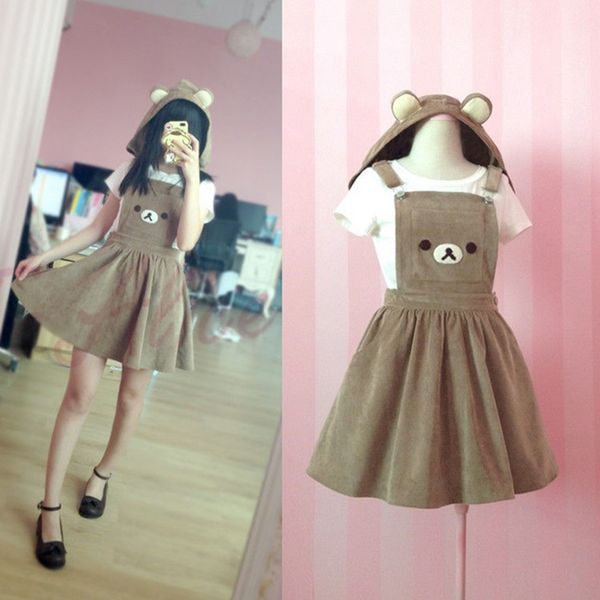 

cute girls womens cosplay costumes rilakkuma brown bear suspender overalls skirt lolita dress, Black;red