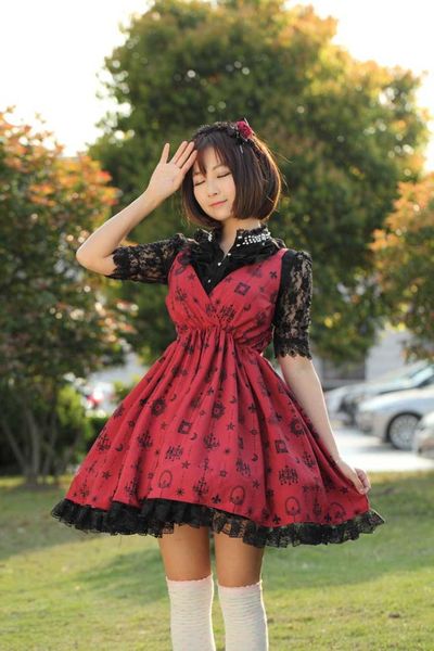 

jsk lolita cute lolita costume japanese style lovely print jsk burgundy, Black;red