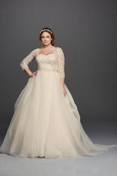 

2020 new plus size a line wedding dresses sweetheart lace appliques beads tulle sheer button back sweep train formal bridal gowns, White