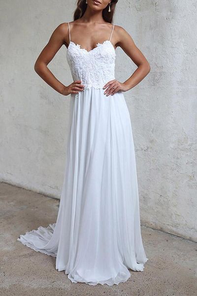 

spaghetti straps backless summer beach chiffon wedding dresses lace princess selling new v neck bridal gowns fashionable draped, White