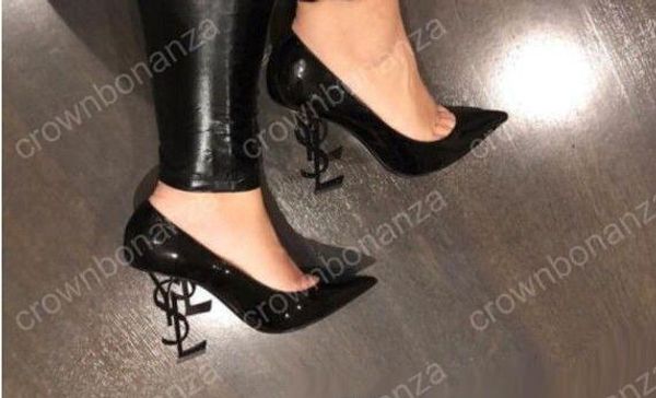 

Unique Heels Brand Dress Shoes Patent leather Sexy Pointed toe Slip on Wedding Party Shoes T Show