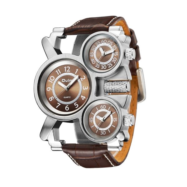 

clock men's watch brand luxury band military watch 3 time zone mens watches man mens quartz leather relogio masculino pnmqn, Slivery;brown
