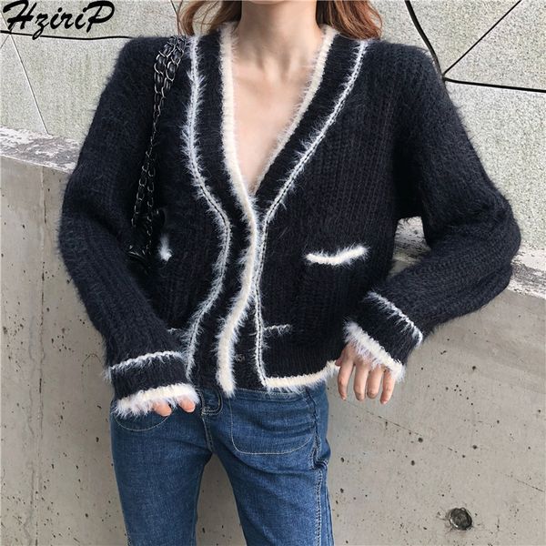 

hzirip fashion 2018 women sweater autumn winter cardigans sweet wild v-neck loose warm slim kintted casual female outwear, White;black