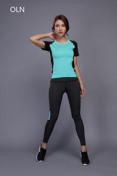 

oln new women yoga slim quick-drying short-sleeved+ pants casual running sportswear women set fitness yoga clothing suit, White;red