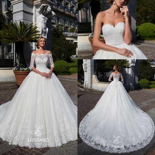 

2018 ivory sweetheart full lace wedding dresses with bridal jacket a line tulle bridal gowns long sweep train wedding gowns ba7679, White