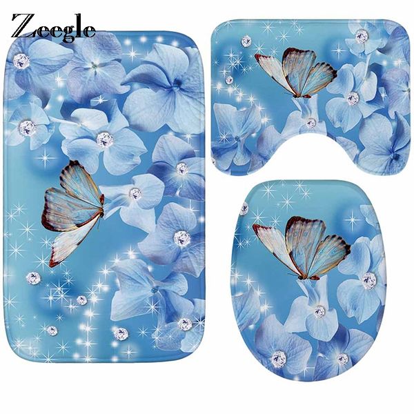 

zeegle 3pcs seoilet bath mat buerfly paern bathroom set mat anti-slip toilet cover bath sets shower room rugs and mats