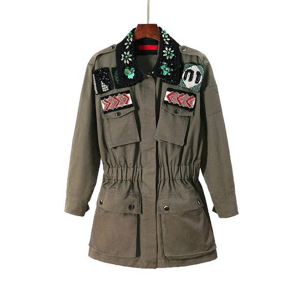 

army green pearl beaded coat runway designer fashion long sleeve flower fashion windbreaker trench coats, Tan;black