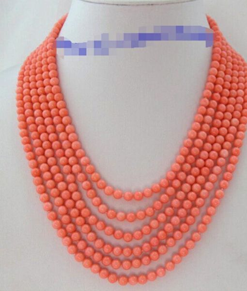 

wonderful lucky stunning 6rows 6mm round natural pink coral necklace, Silver